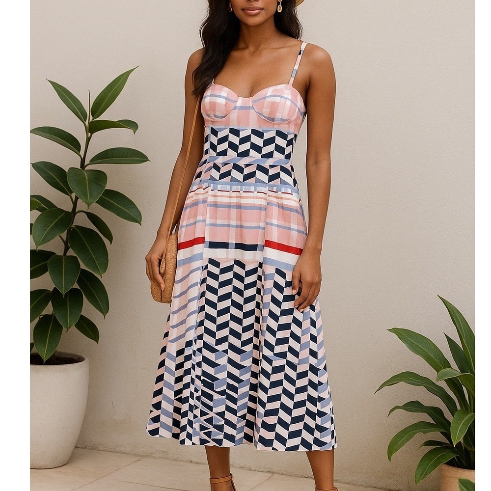 Yumi Kim Womens XS Midi Dress Pink Geometric Sleeveless Vacation Wedding Boho